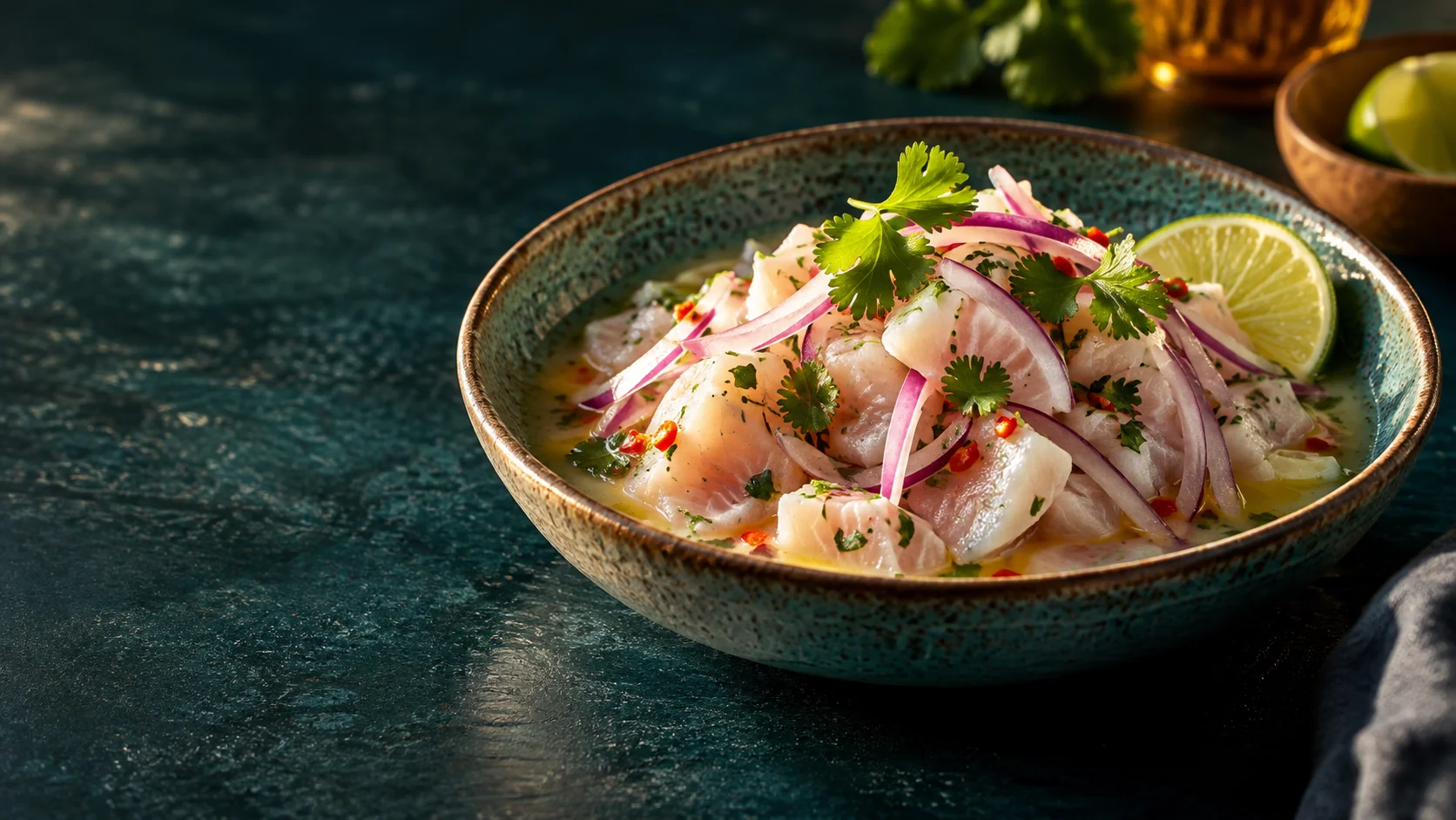 Ceviche generado como imagen referencial; no corresponde a una preparación real del negocio