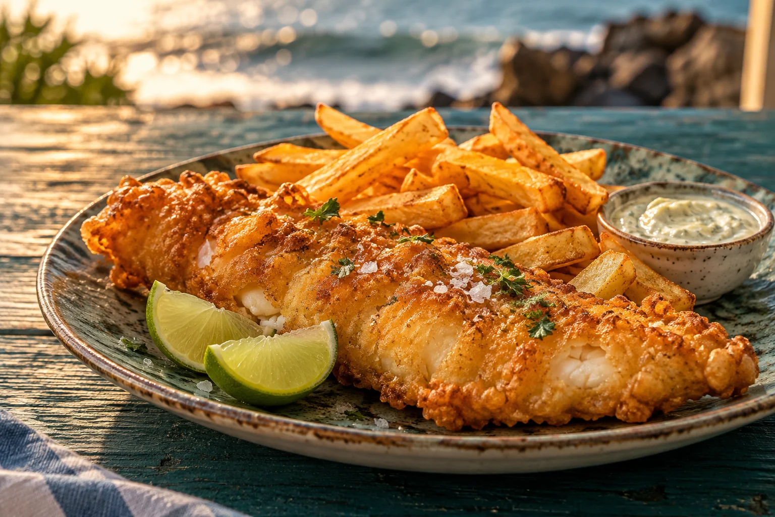 Imagen generada referencial de Fish and chips; no es un plato real del negocio